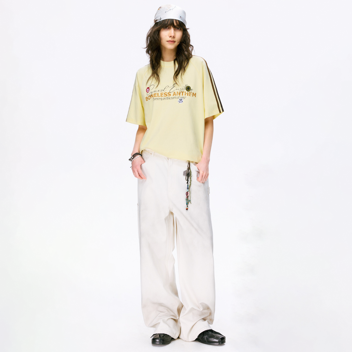 Boneless Punk Spirit T-Shirt Lemon Yellow oversized graphic tee contrast stripe casual streetwear top retro sports style