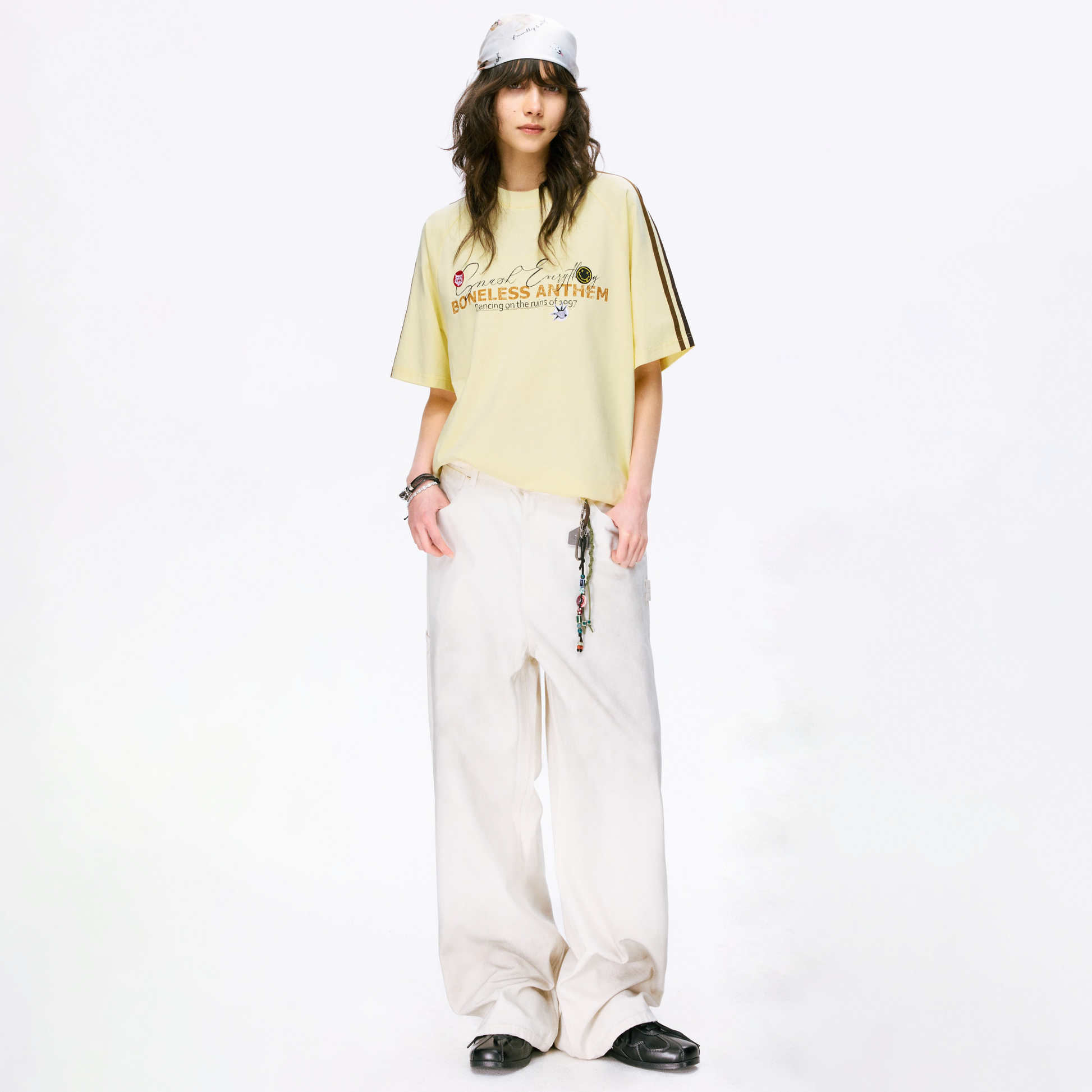 Boneless Punk Spirit T-Shirt Lemon Yellow oversized graphic tee contrast stripe casual streetwear top retro sports style