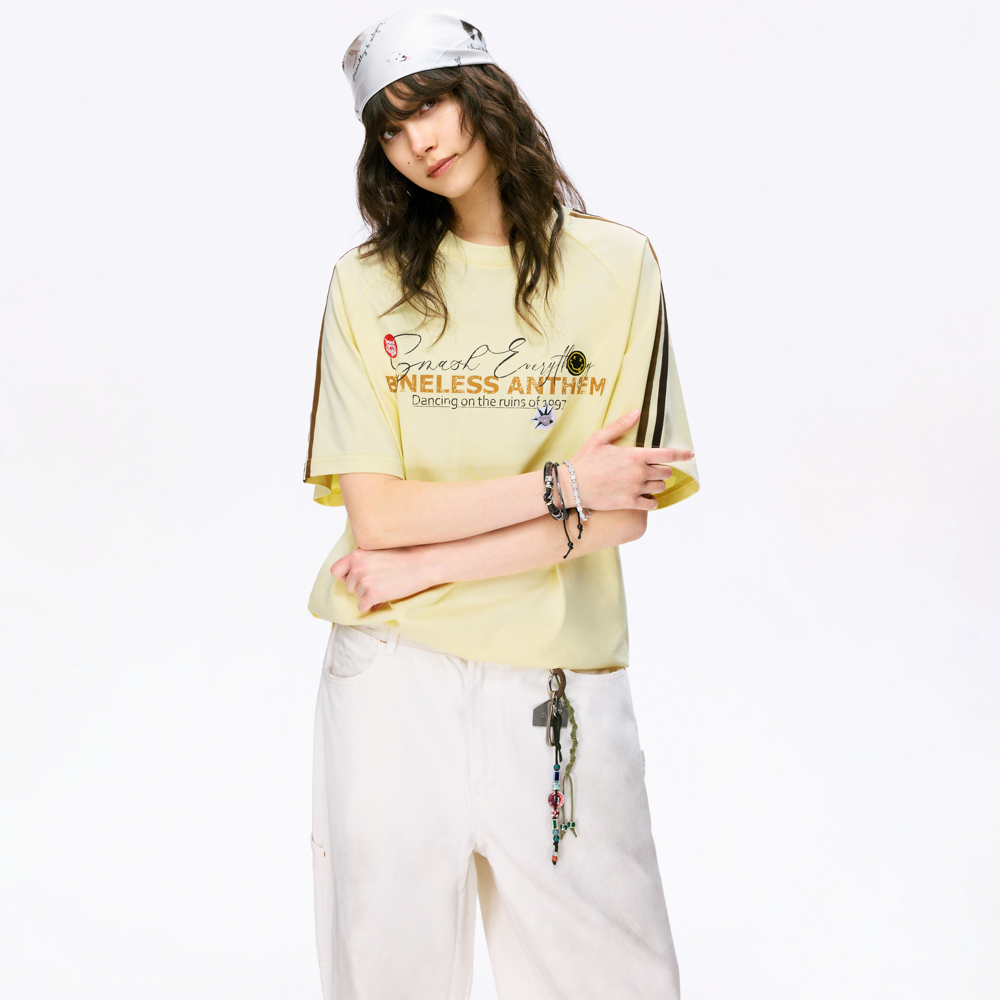 Boneless Punk Spirit T-Shirt Lemon Yellow oversized graphic tee contrast stripe casual streetwear top retro sports style