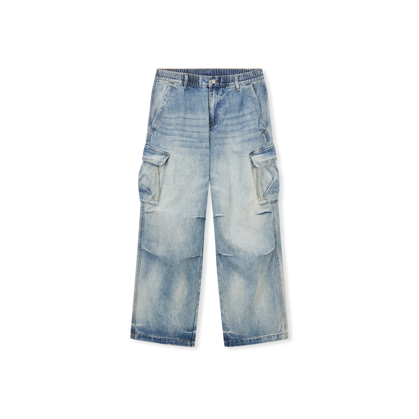 Boneless Parachute Denim Pants Blue with relaxed fit, distressed wash, and cargo pockets