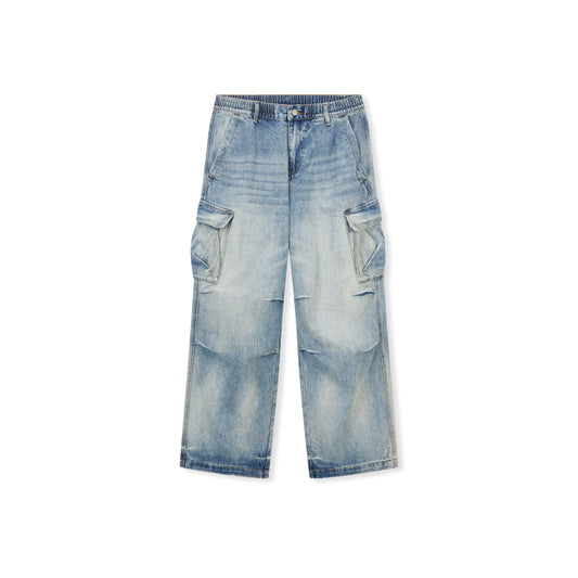 Boneless Parachute Denim Pants Blue with relaxed fit, distressed wash, and cargo pockets