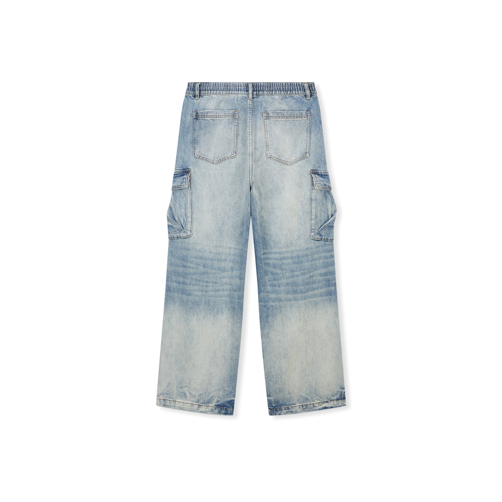 Boneless Parachute Denim Pants Blue with relaxed fit, distressed wash, and cargo pockets