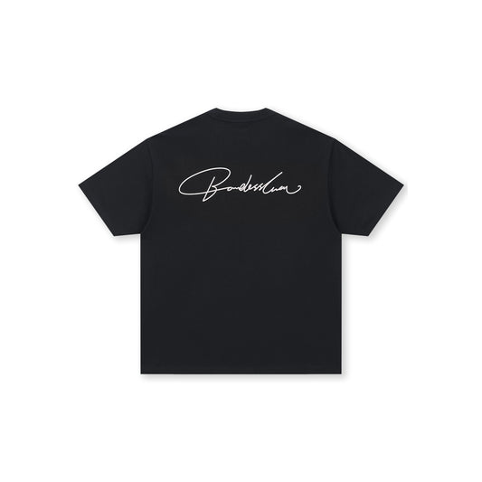 Boneless Calligraphy Print T-Shirt Black front view with minimal chest logo embroidery