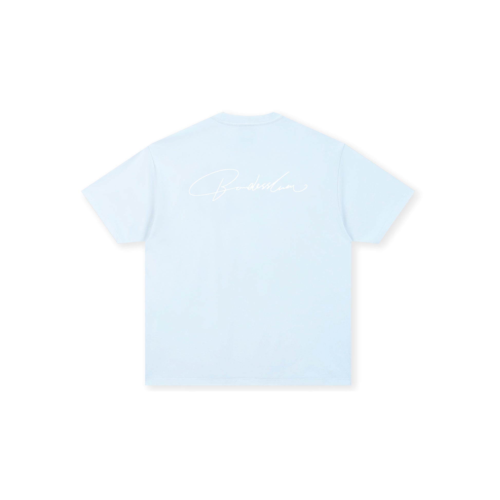Boneless Calligraphy Print T-Shirt Light Blue with minimalist logo design