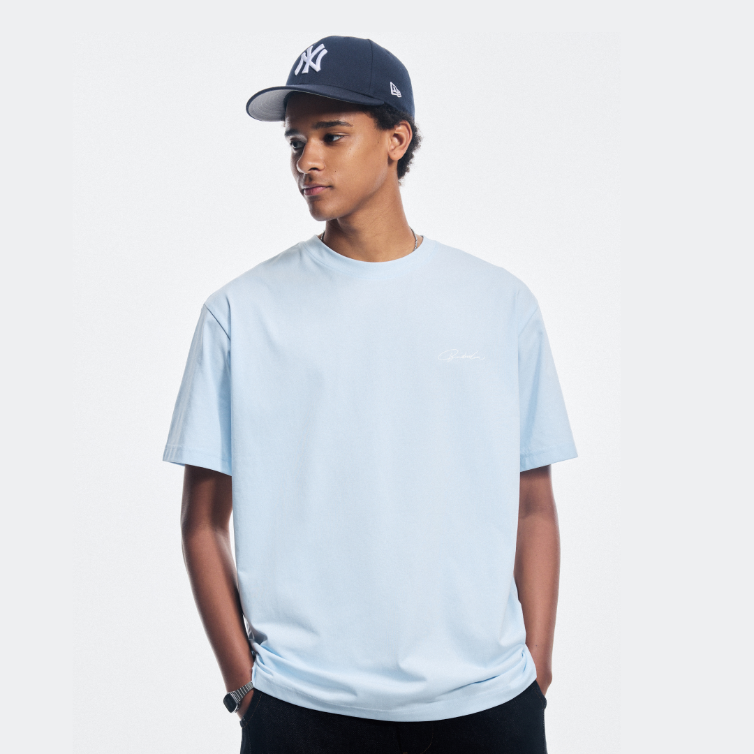 Boneless Calligraphy Print T-Shirt Light Blue with minimalist logo design