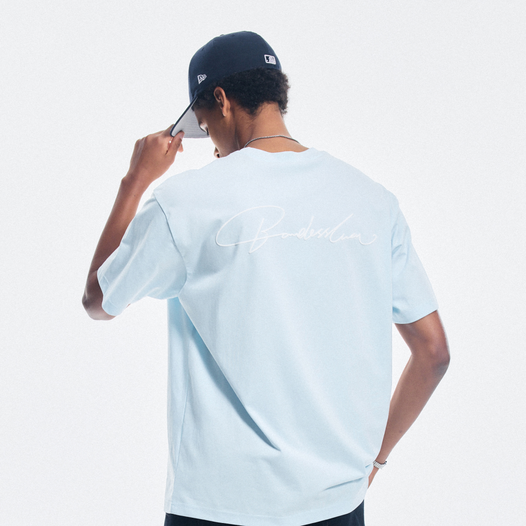 Boneless Calligraphy Print T-Shirt Light Blue with minimalist logo design