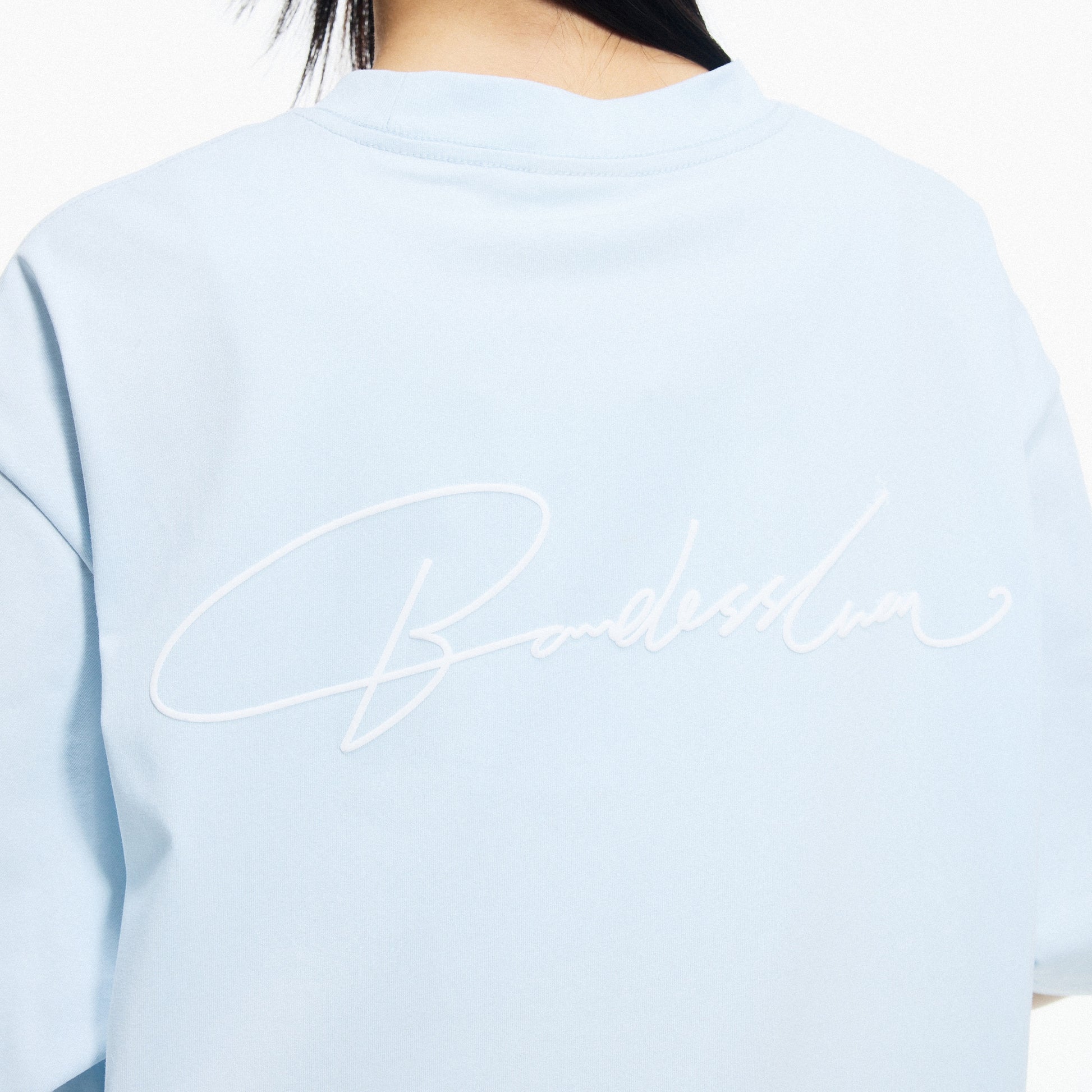 Boneless Calligraphy Print T-Shirt Light Blue with minimalist logo design