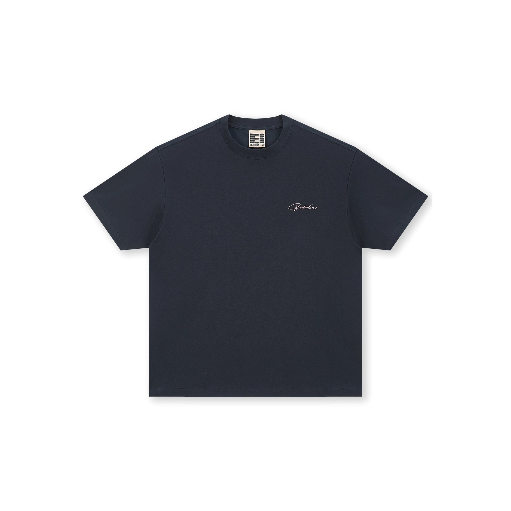 Boneless Calligraphy Print T-Shirt Navy front view with minimal chest logo embroidery