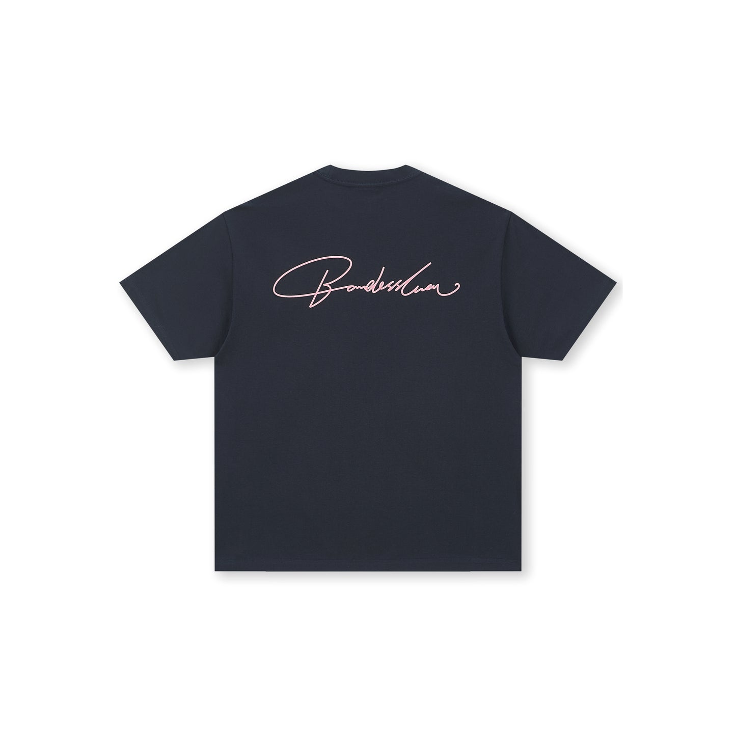 Boneless Calligraphy Print T-Shirt Navy front view with minimal chest logo embroidery