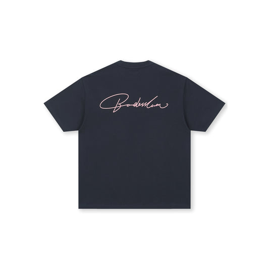 Boneless Calligraphy Print T-Shirt Navy front view with minimal chest logo embroidery