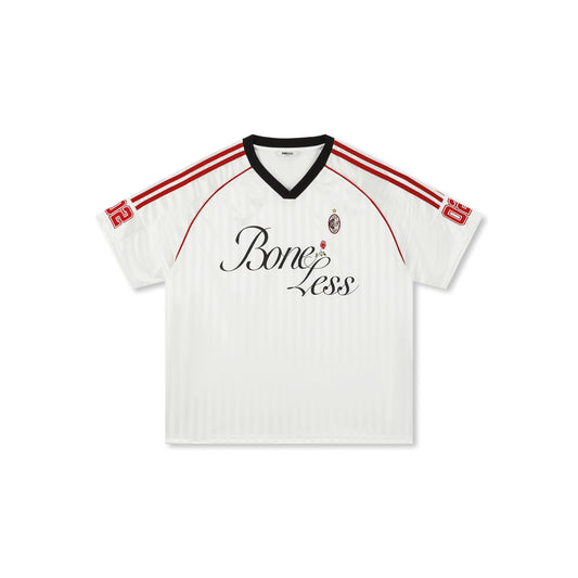 Boneless V-Neck Oversized T-Shirt White with 'BoneLess' graphic and red accent stripes on the shoulders