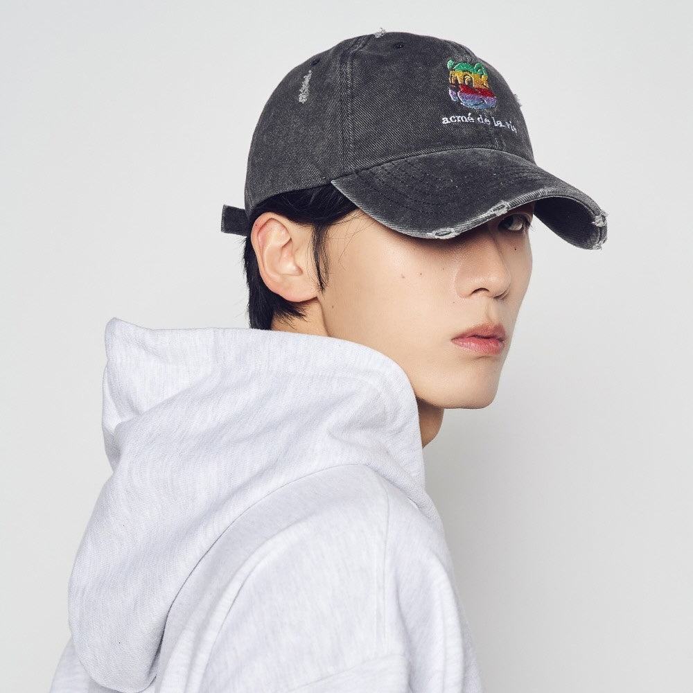 ADLV Colorful AC Bear Embo Damage Ball Cap Black embroidered bear cap distressed streetwear adjustable casual hat