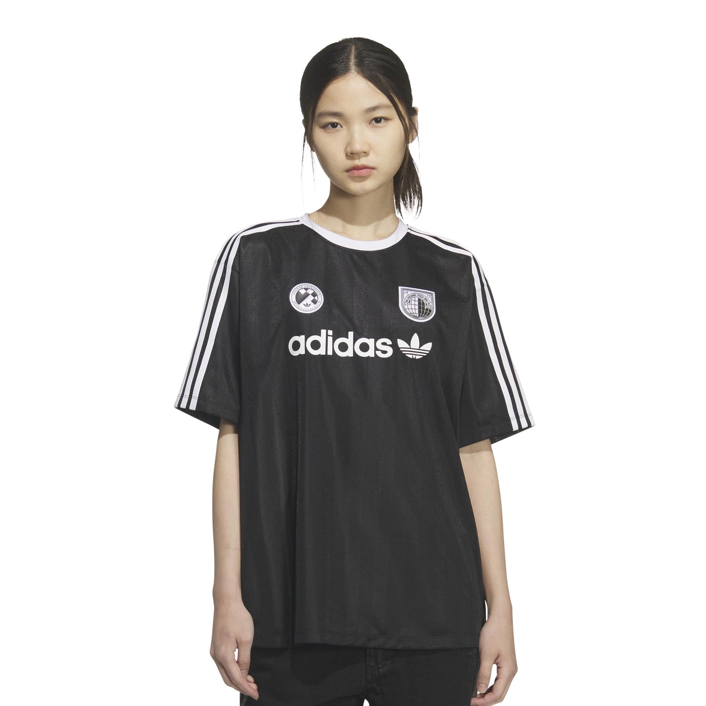 adidas SSL Jersey Black women's oversized football-inspired jersey with adidas Trefoil logo and signature 3-Stripes