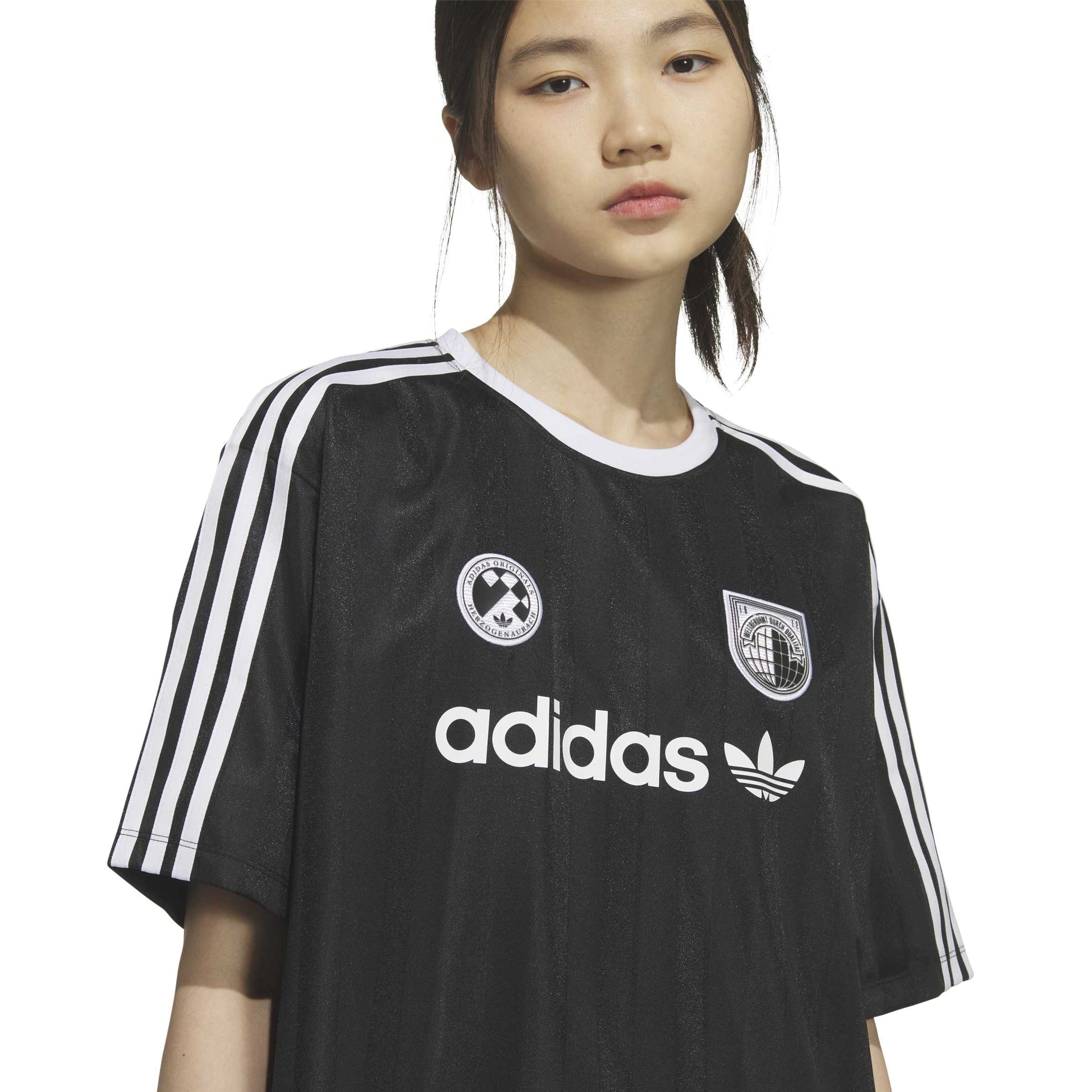 adidas SSL Jersey Black women's oversized football-inspired jersey with adidas Trefoil logo and signature 3-Stripes
