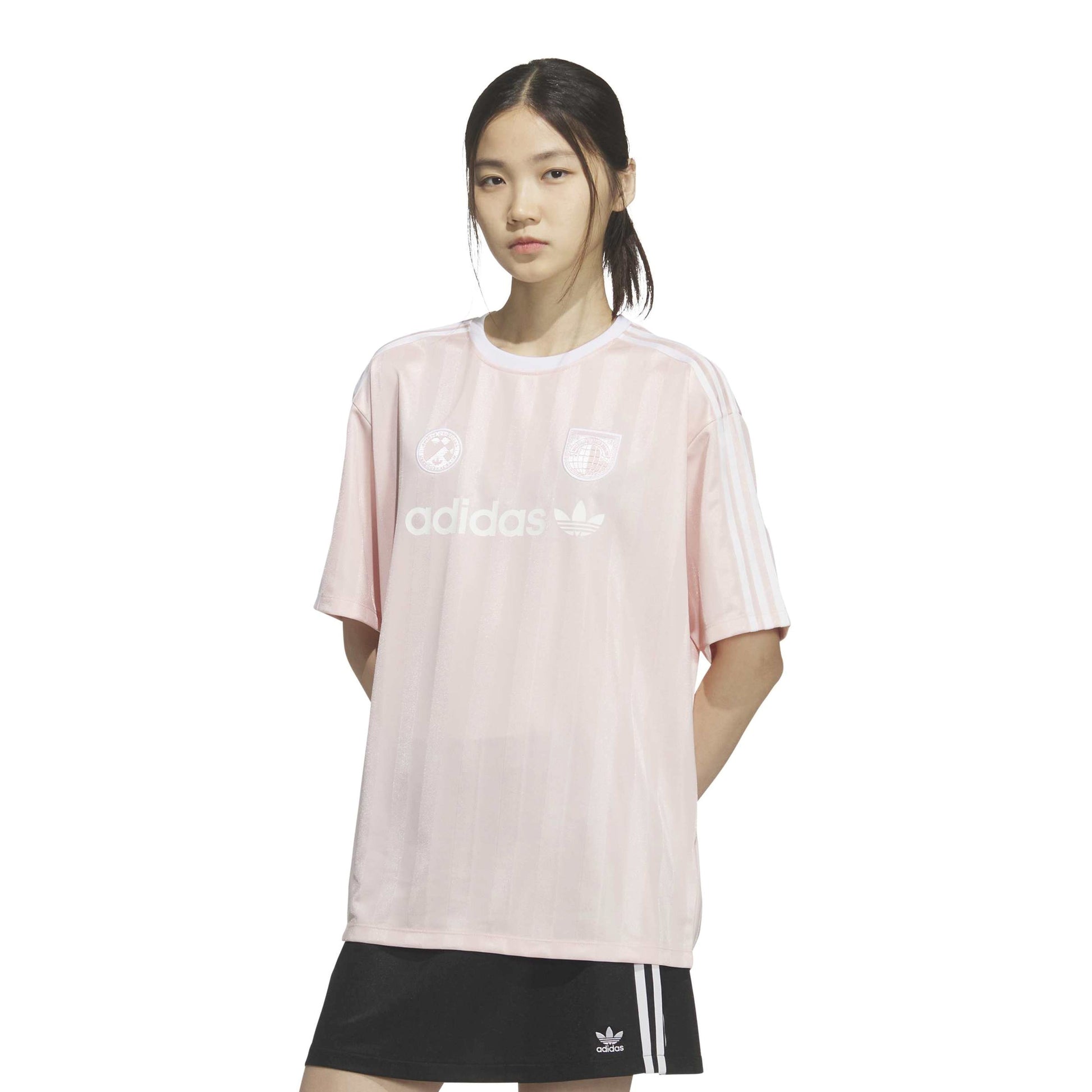 adidas SSL Jersey Pink women's oversized football-inspired jersey with adidas Trefoil logo and signature 3-Stripes