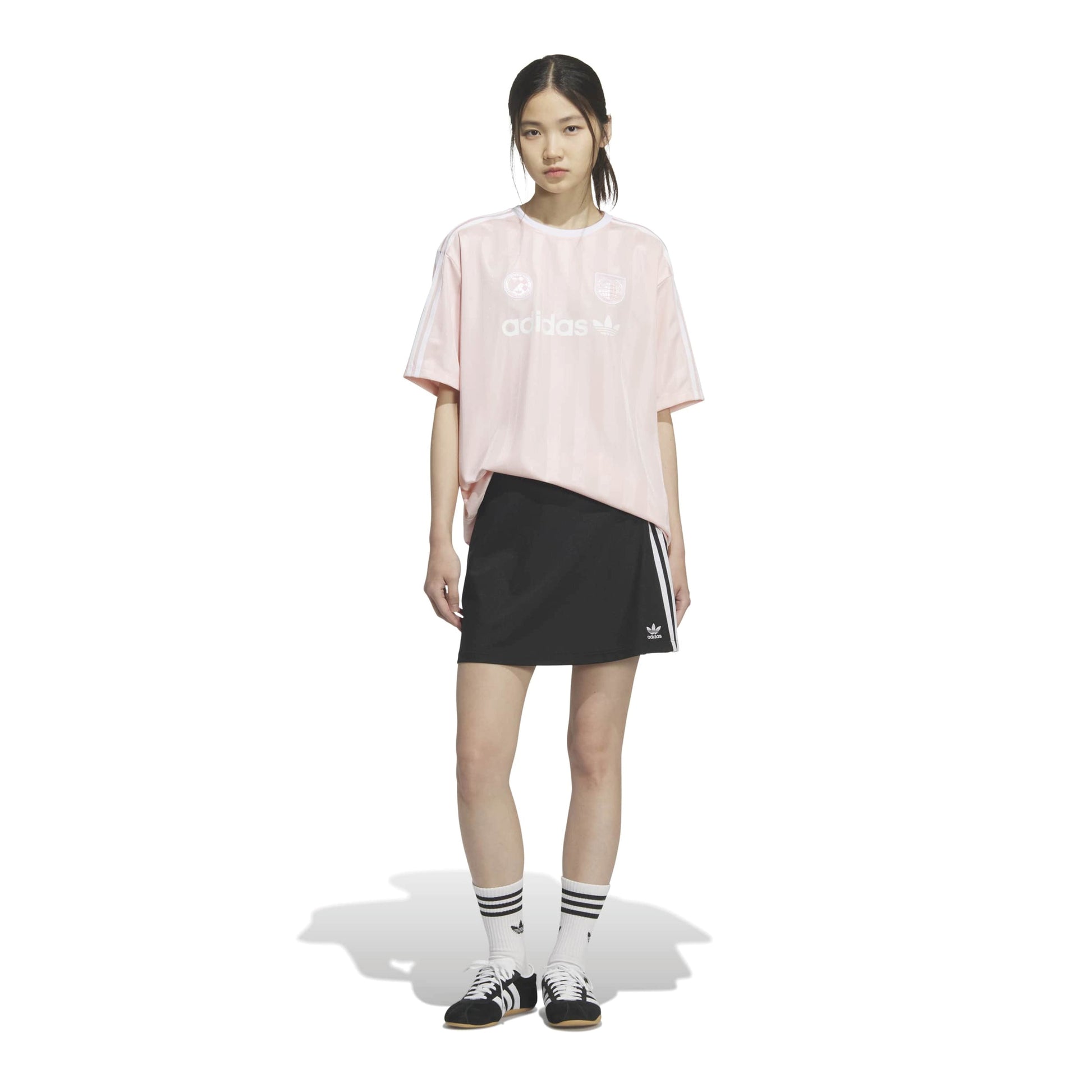 adidas SSL Jersey Pink women's oversized football-inspired jersey with adidas Trefoil logo and signature 3-Stripes