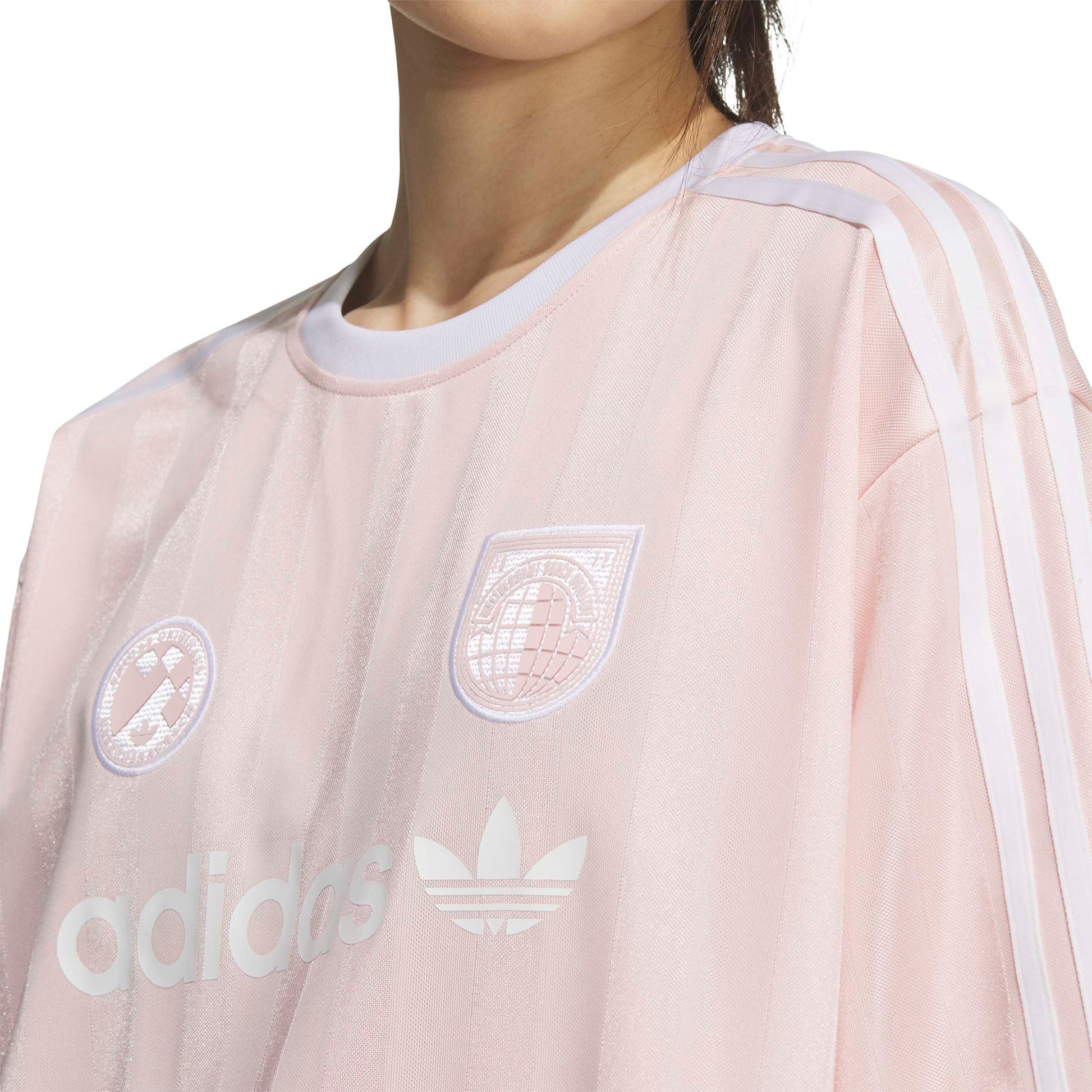adidas SSL Jersey Pink women's oversized football-inspired jersey with adidas Trefoil logo and signature 3-Stripes