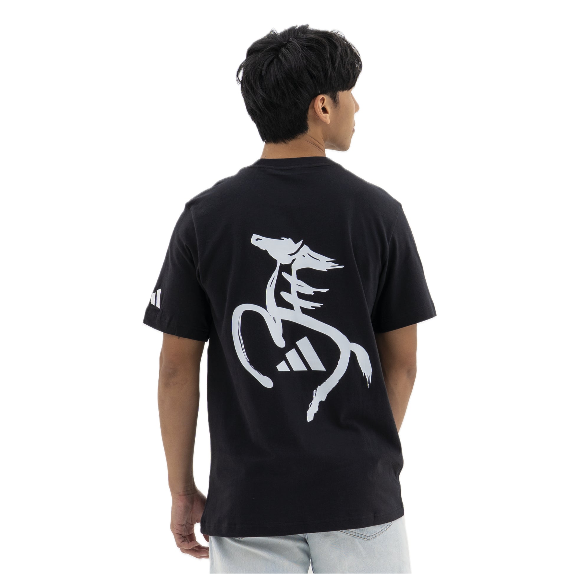 adidas Year Of The Horse Calligraphy T-Shirt Black with bold white horse graphic and adidas branding