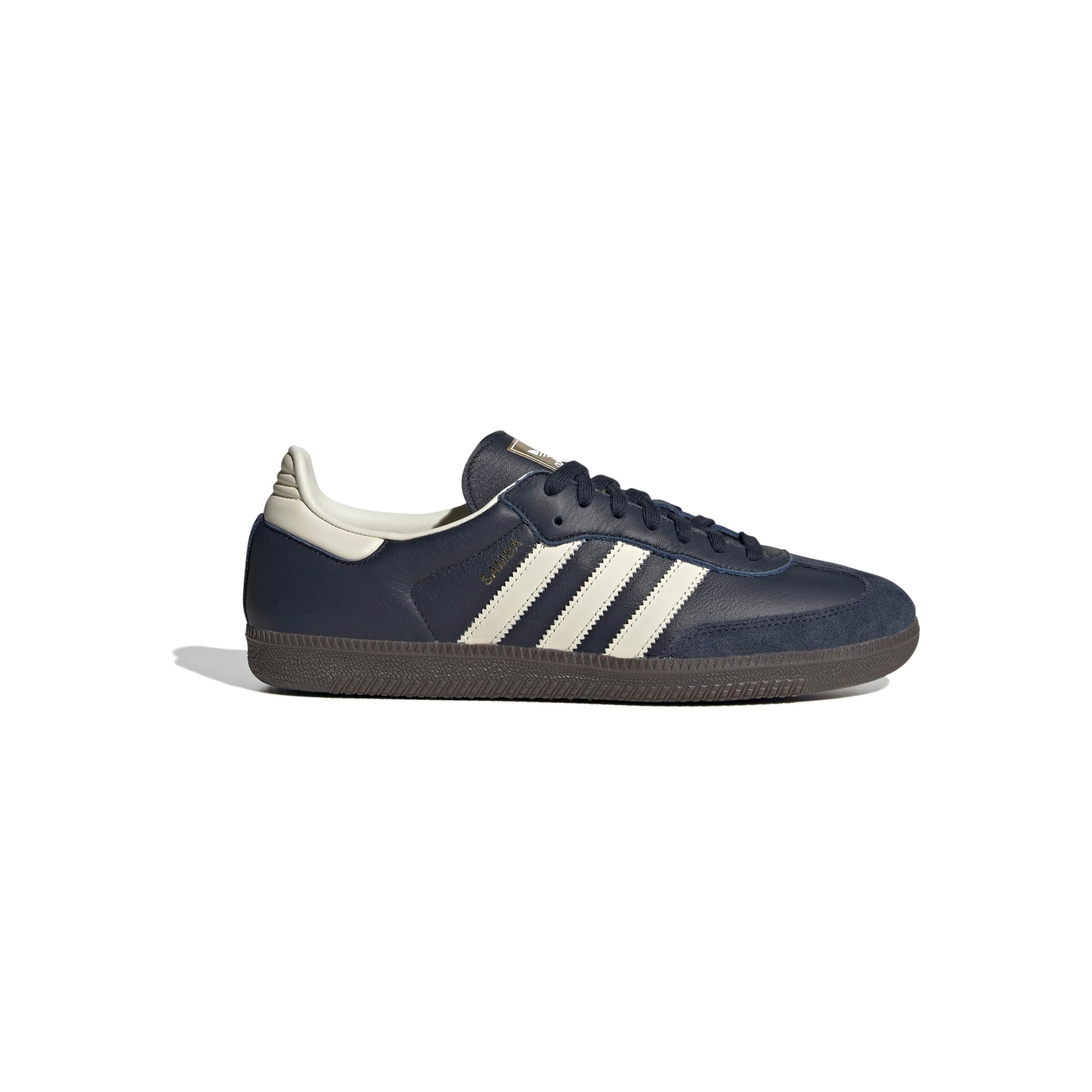 adidas Samba OG Night Navy suede sneakers with off-white stripes and gum sole