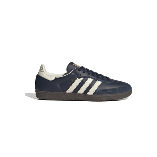 adidas Samba OG Night Navy suede sneakers with off-white stripes and gum sole