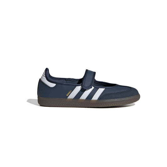 adidas Originals Samba Jane Crew Navy White women's mary jane sneaker with navy upper white stripes and gum outsole