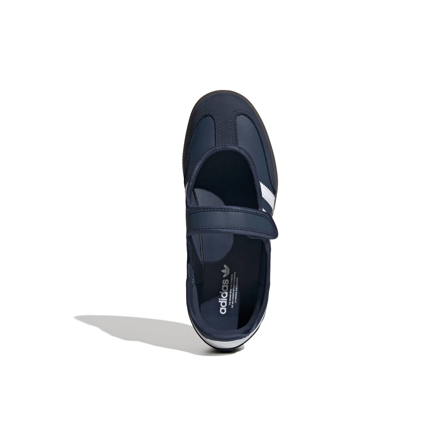 adidas Originals Samba Jane Crew Navy White women's mary jane sneaker with navy upper white stripes and gum outsole
