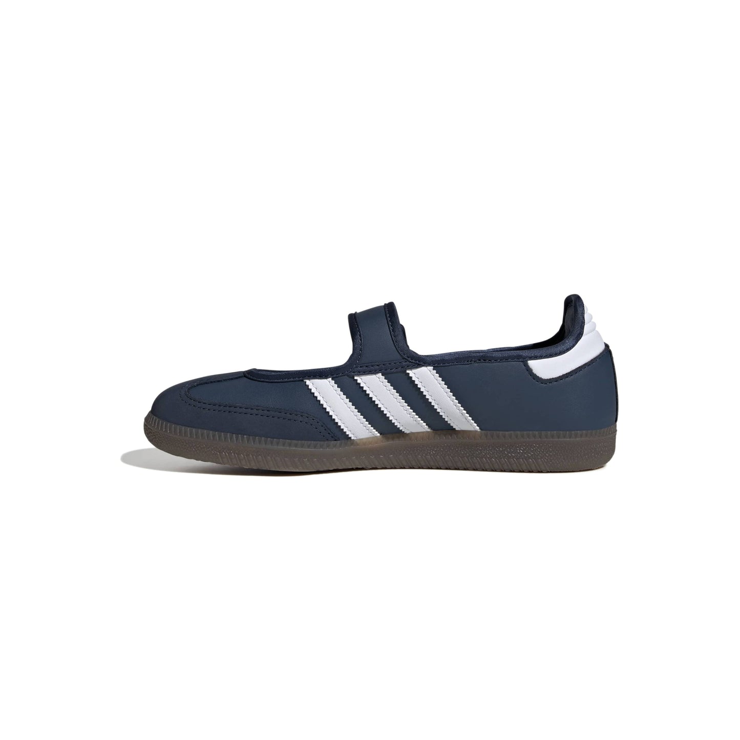 adidas Originals Samba Jane Crew Navy White women's mary jane sneaker with navy upper white stripes and gum outsole