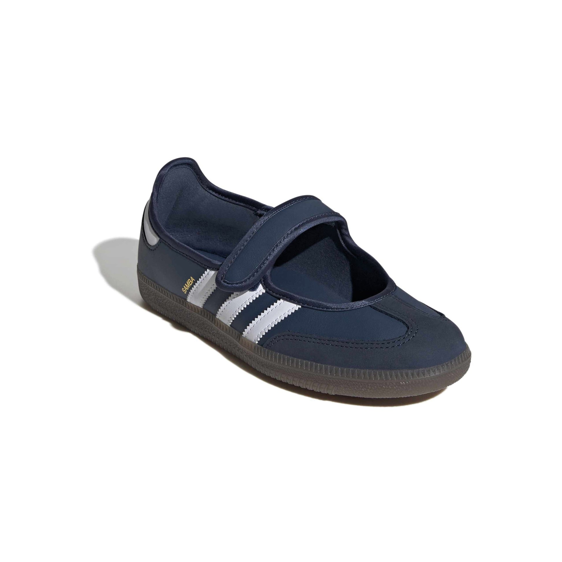 adidas Originals Samba Jane Crew Navy White women's mary jane sneaker with navy upper white stripes and gum outsole