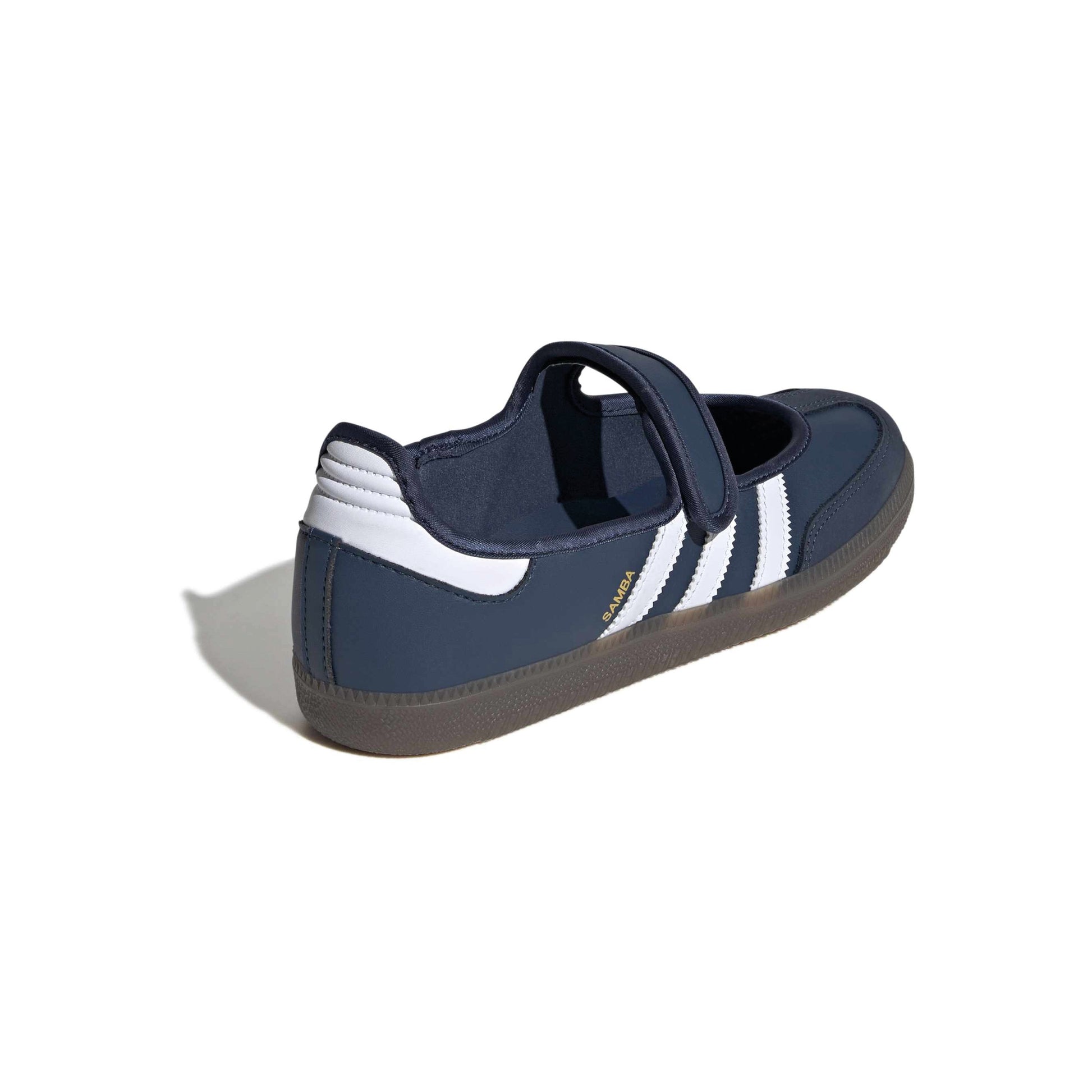 adidas Originals Samba Jane Crew Navy White women's mary jane sneaker with navy upper white stripes and gum outsole