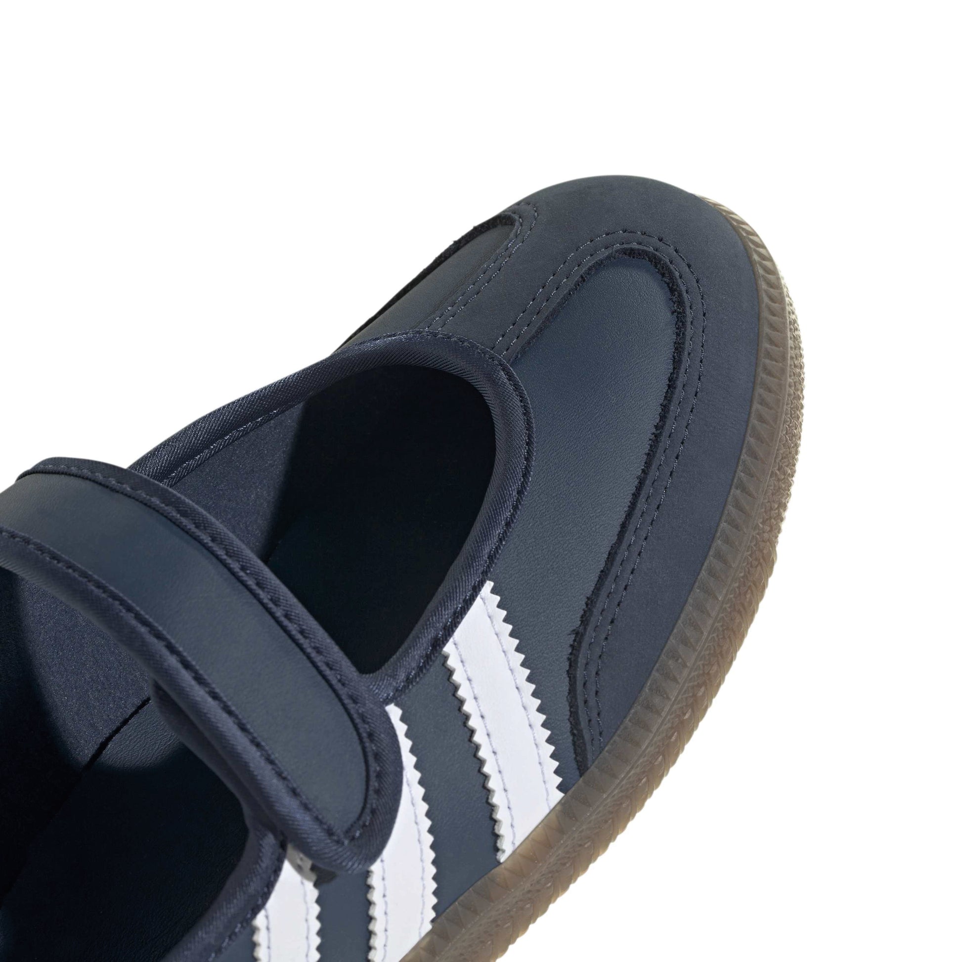adidas Originals Samba Jane Crew Navy White women's mary jane sneaker with navy upper white stripes and gum outsole