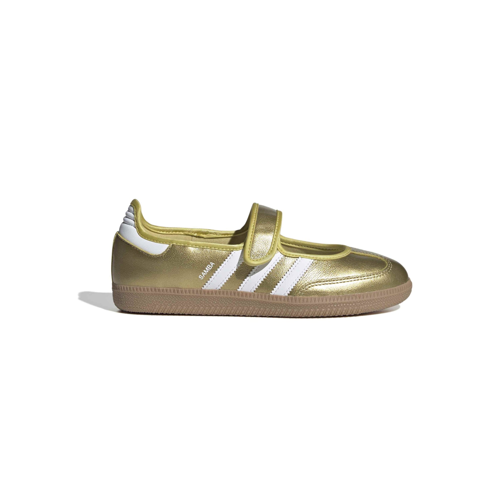 adidas Originals Samba Jane Gold Metallic White womens sneaker metallic leather upper gum sole Mary Jane strap