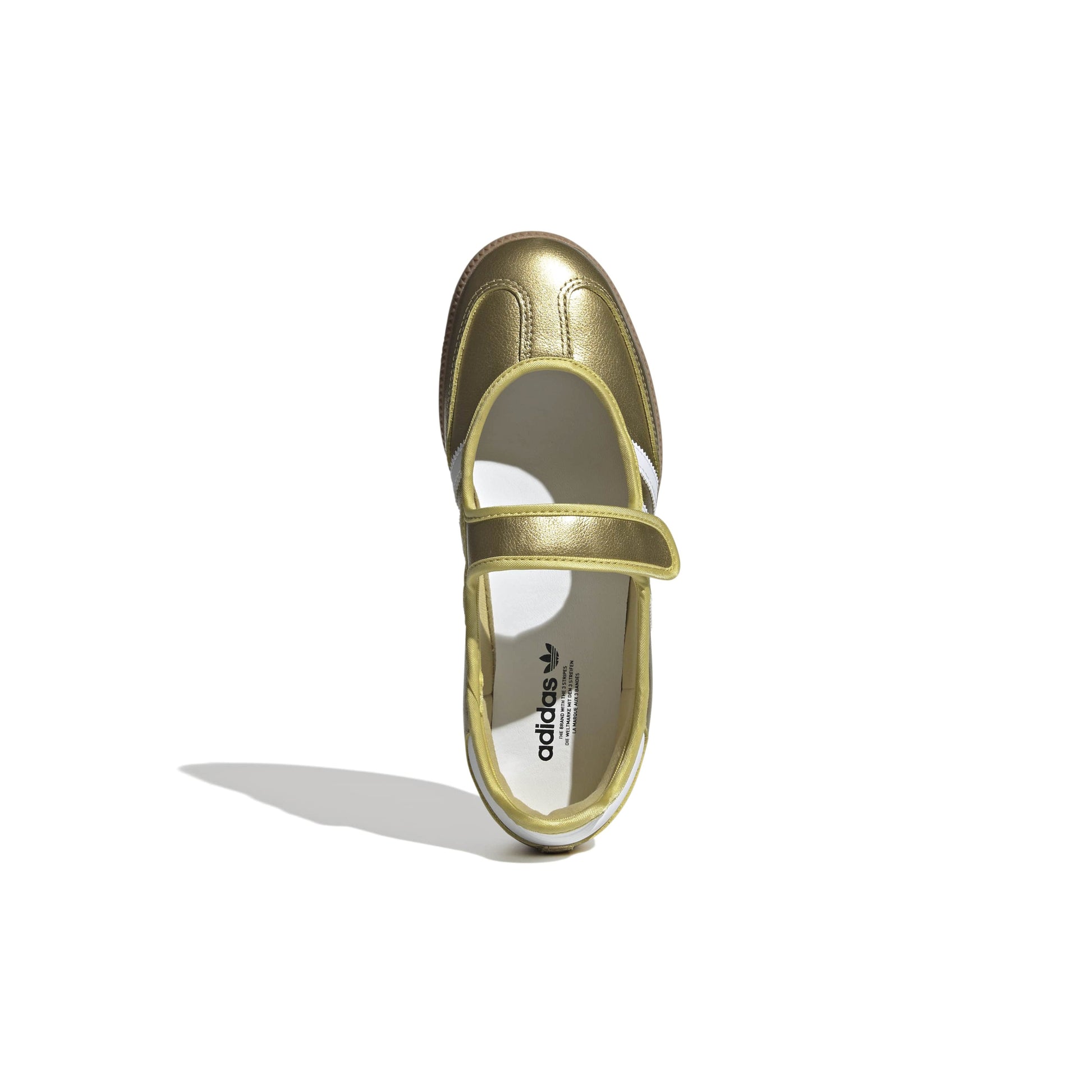 adidas Originals Samba Jane Gold Metallic White womens sneaker metallic leather upper gum sole Mary Jane strap