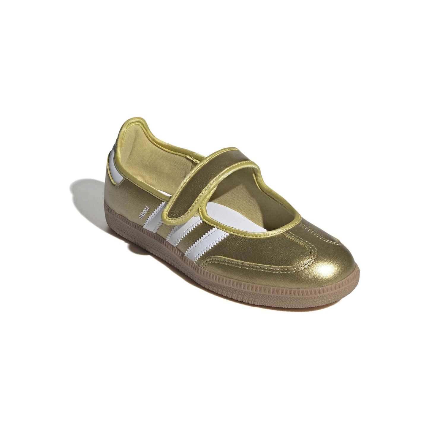 adidas Originals Samba Jane Gold Metallic White womens sneaker metallic leather upper gum sole Mary Jane strap