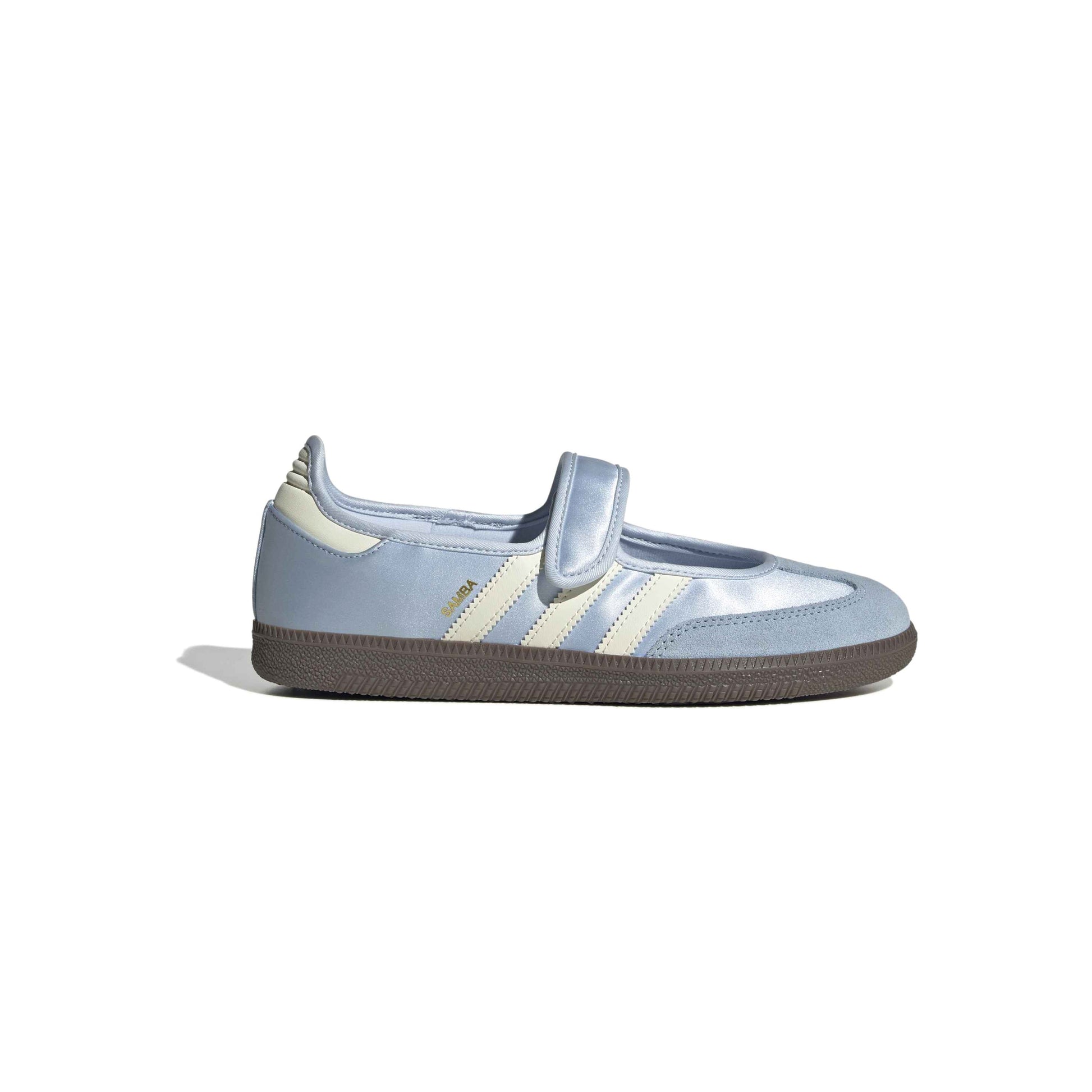 adidas Originals Samba Jane Crystal Sky Cream White women's mary jane sneaker with pastel blue upper and gum rubber outsole