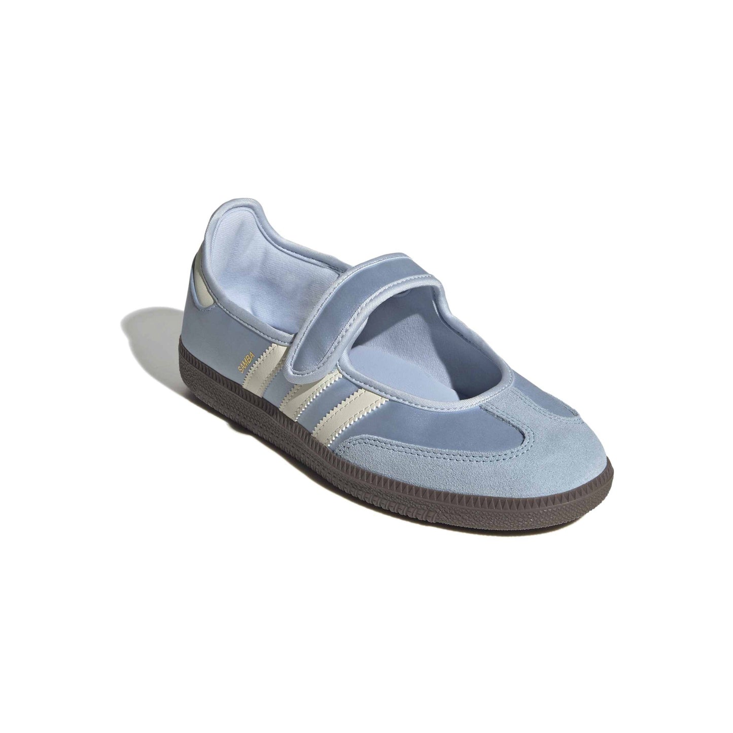 adidas Originals Samba Jane Crystal Sky Cream White women's mary jane sneaker with pastel blue upper and gum rubber outsole