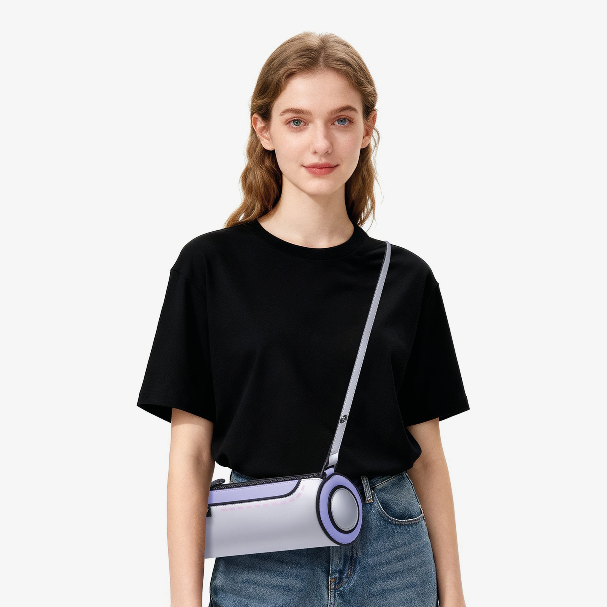 JumpFromPaper Cylinder Bag Moonlit Violet shoulder bag with cartoon-inspired 2D illusion design and cylindrical shape
