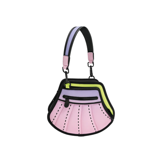 JumpFromPaper Venus Misty Pink handbag with cartoon-inspired 2D illusion design pastel pink purple and green accents