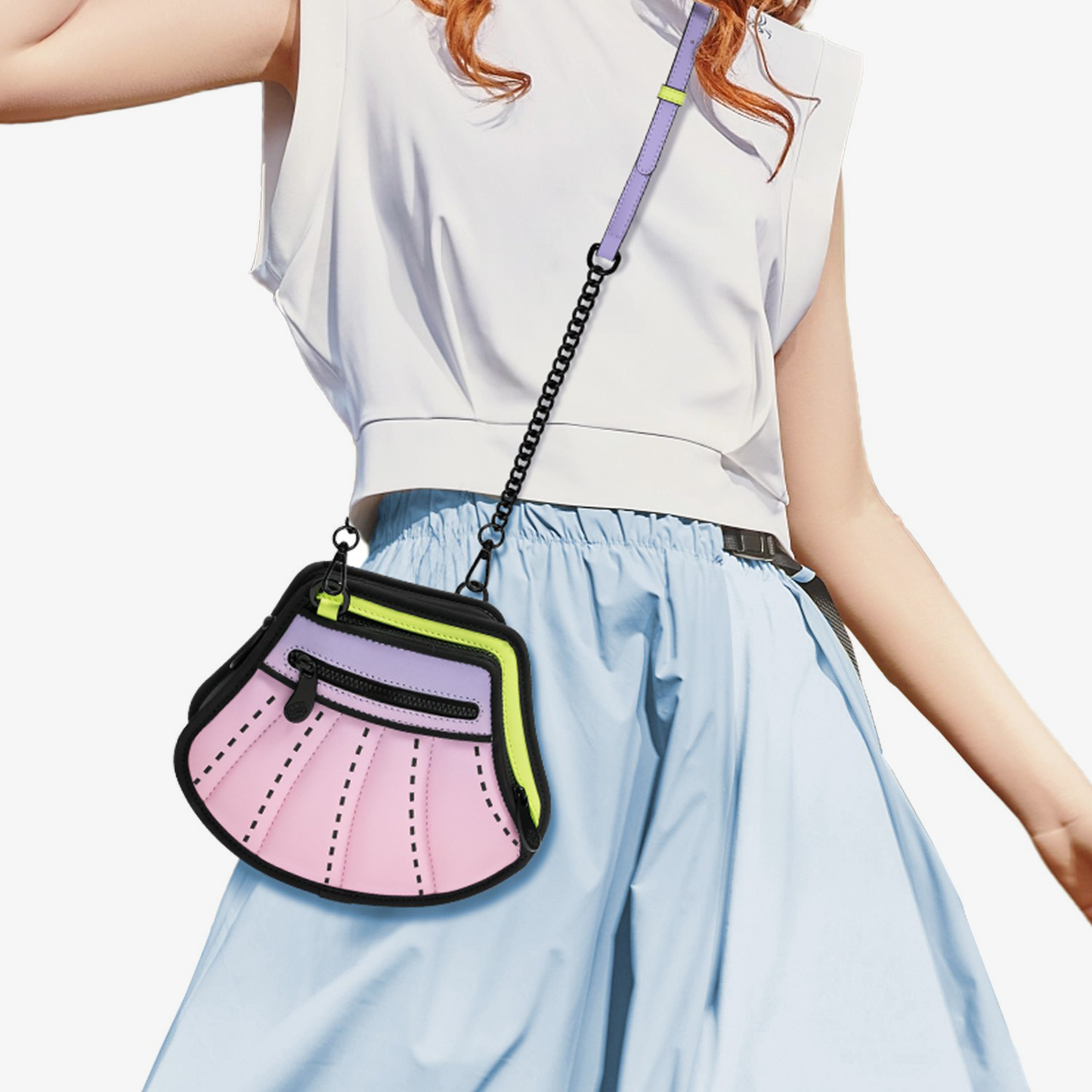 JumpFromPaper Venus Misty Pink handbag with cartoon-inspired 2D illusion design pastel pink purple and green accents