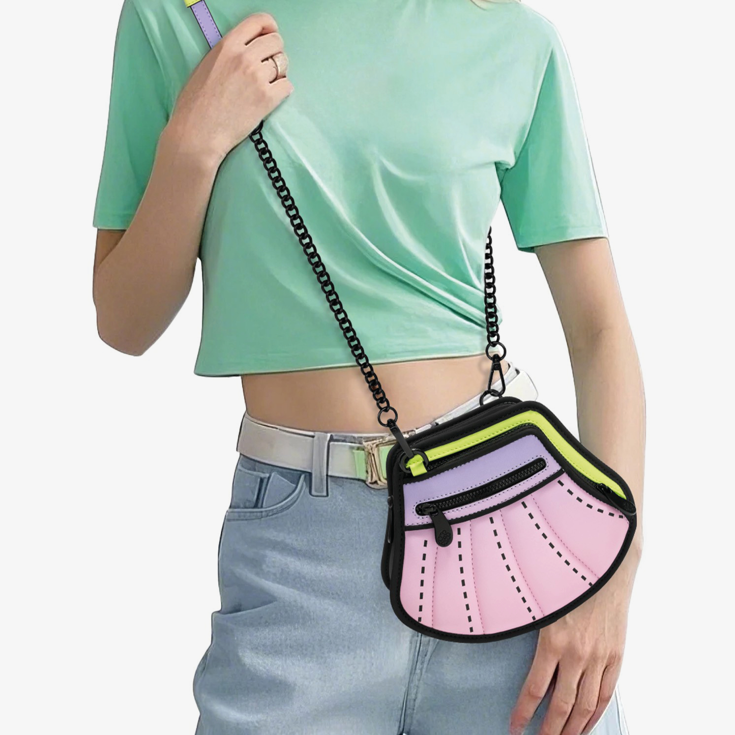 JumpFromPaper Venus Misty Pink handbag with cartoon-inspired 2D illusion design pastel pink purple and green accents