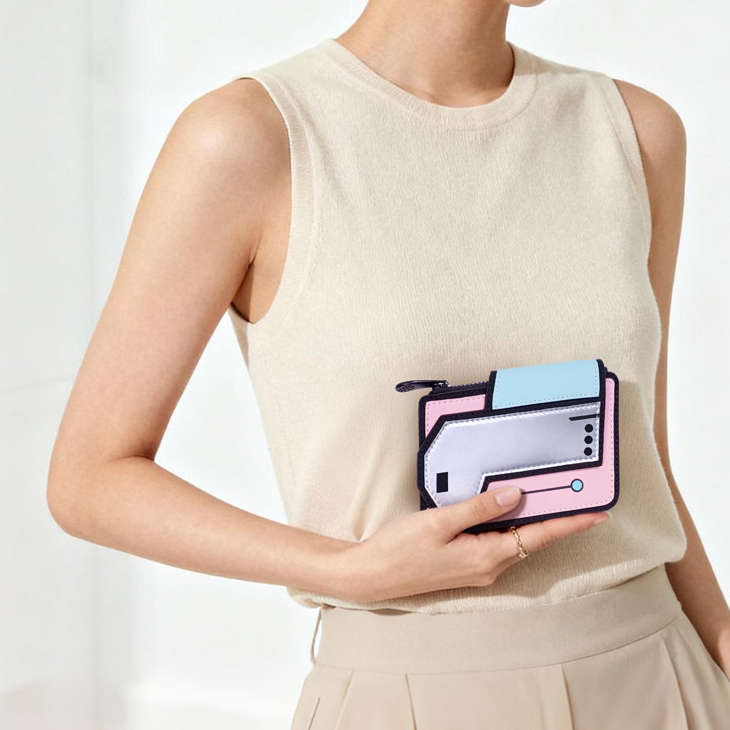 JumpFromPaper ePouch Metallic Pink pouch cartoon 2D design metallic finish compact accessory playful style