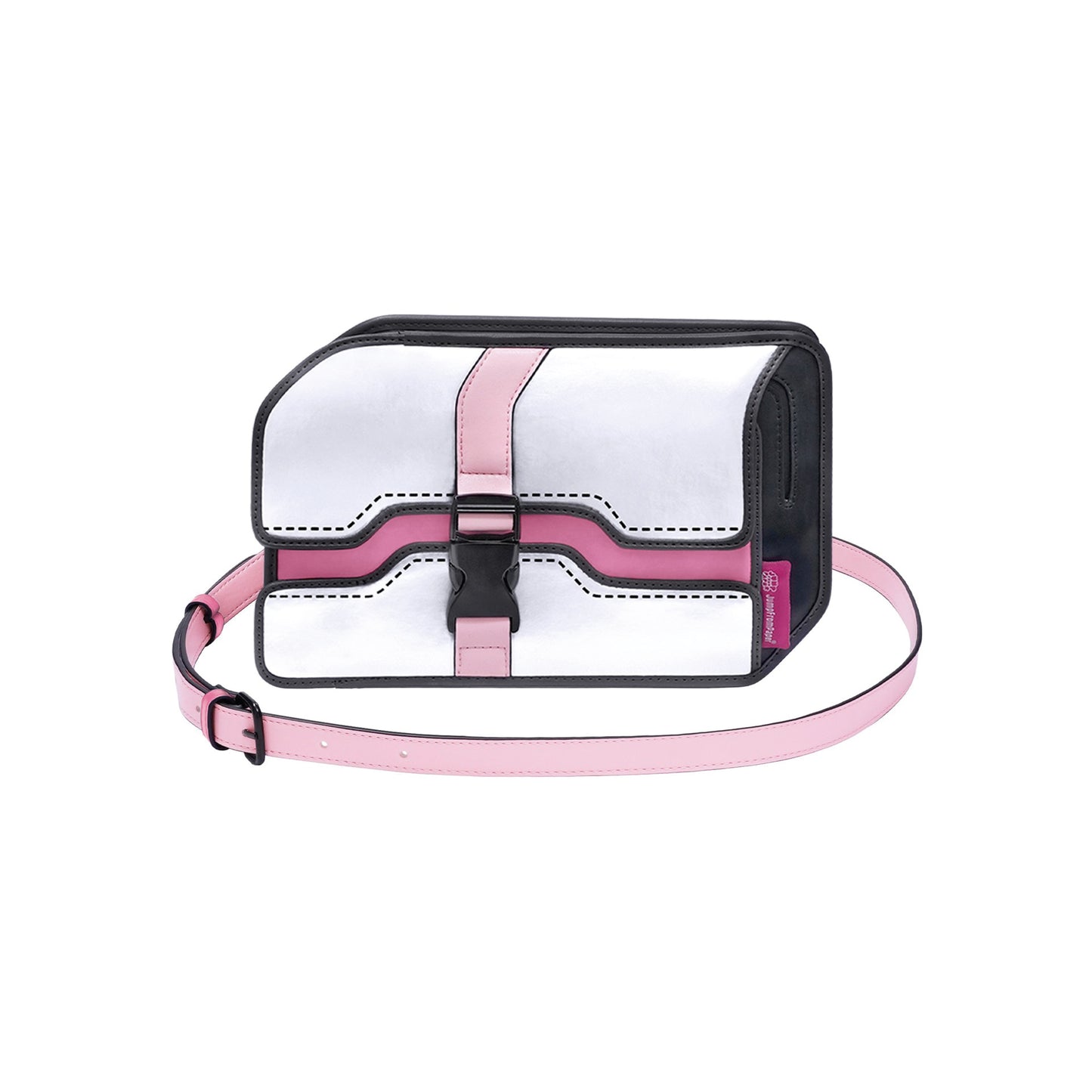JumpFromPaper Neo Box 'Nebula Pink' – white and pink 2D illusion box-style crossbody bag with adjustable strap, front view