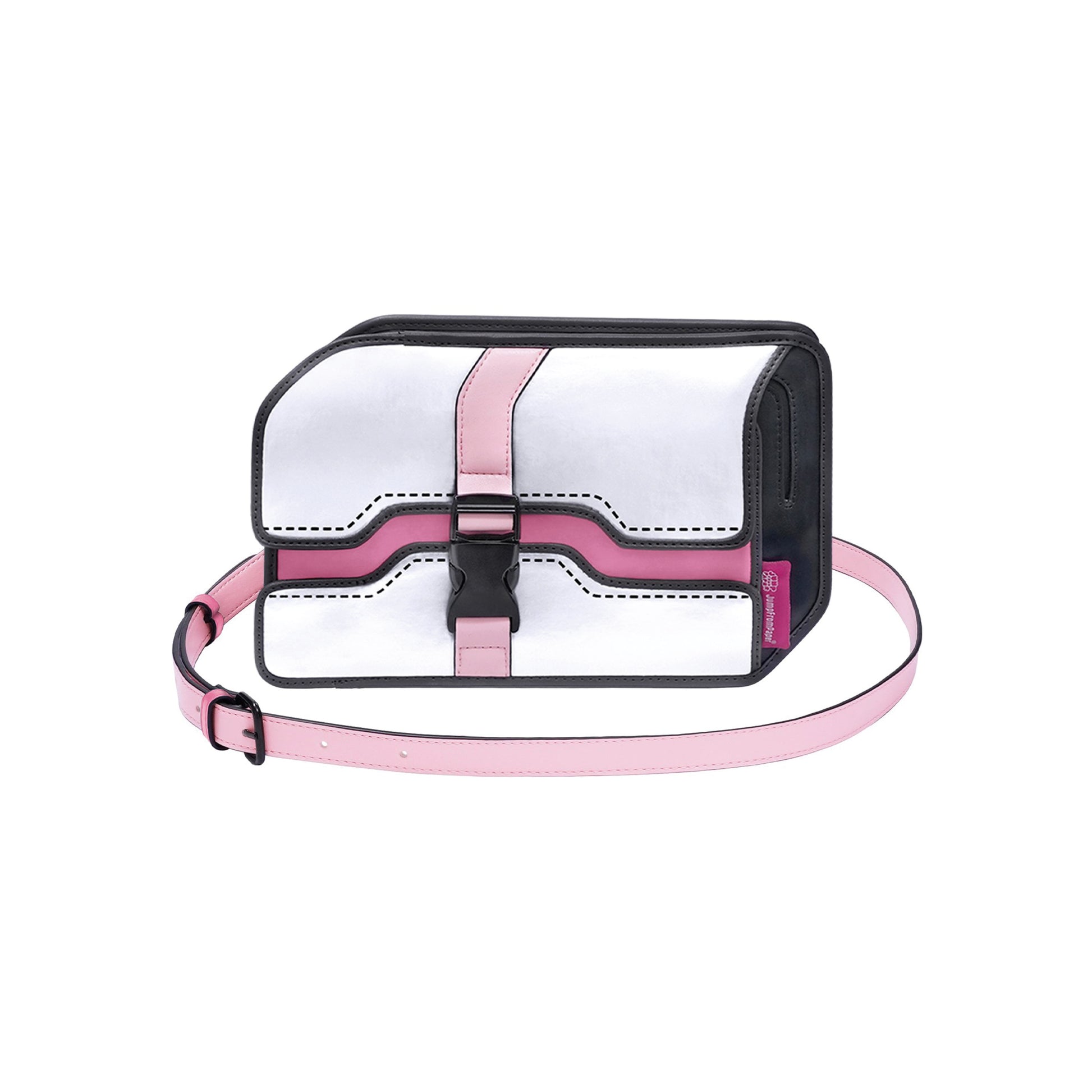 JumpFromPaper Neo Box 'Nebula Pink' – white and pink 2D illusion box-style crossbody bag with adjustable strap, front view