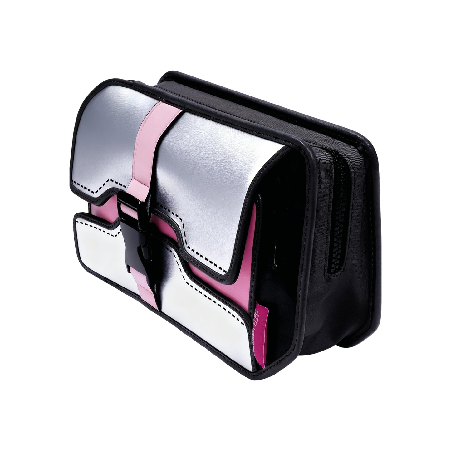 JumpFromPaper Neo Box 'Nebula Pink' – white and pink 2D illusion box-style crossbody bag with adjustable strap, front view