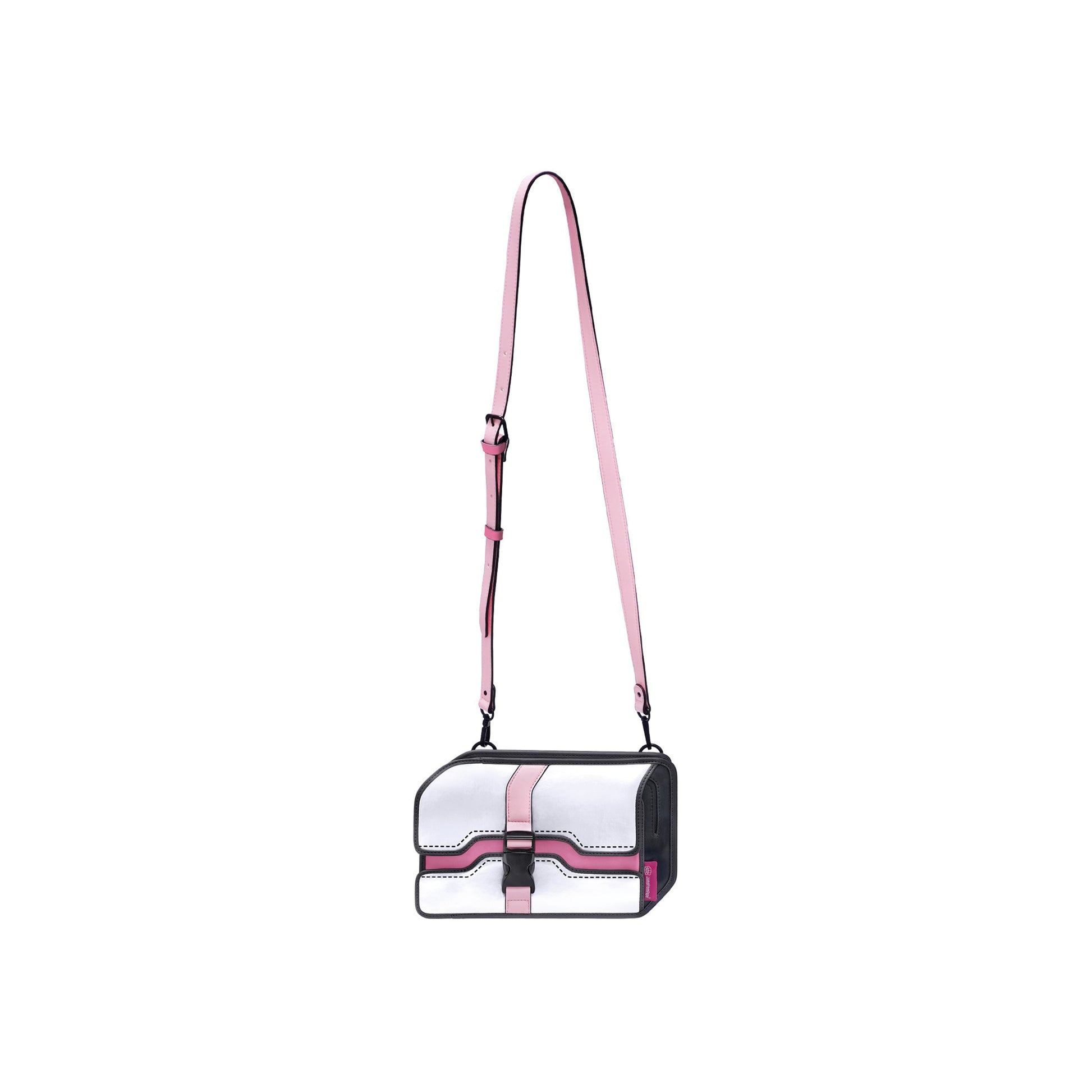 JumpFromPaper Neo Box 'Nebula Pink' – white and pink 2D illusion box-style crossbody bag with adjustable strap, front view