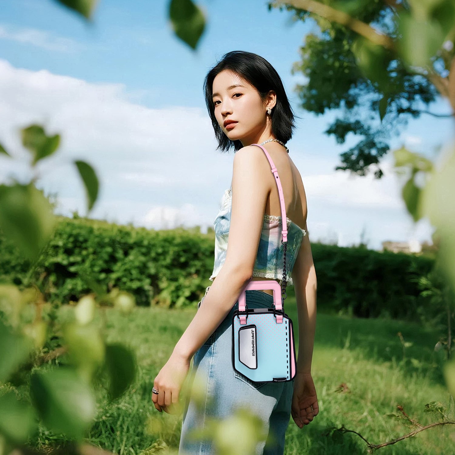 JumpFromPaper Floppy Bag Moonlit Blue handbag cartoon 2D design structured handle playful stylish accessory