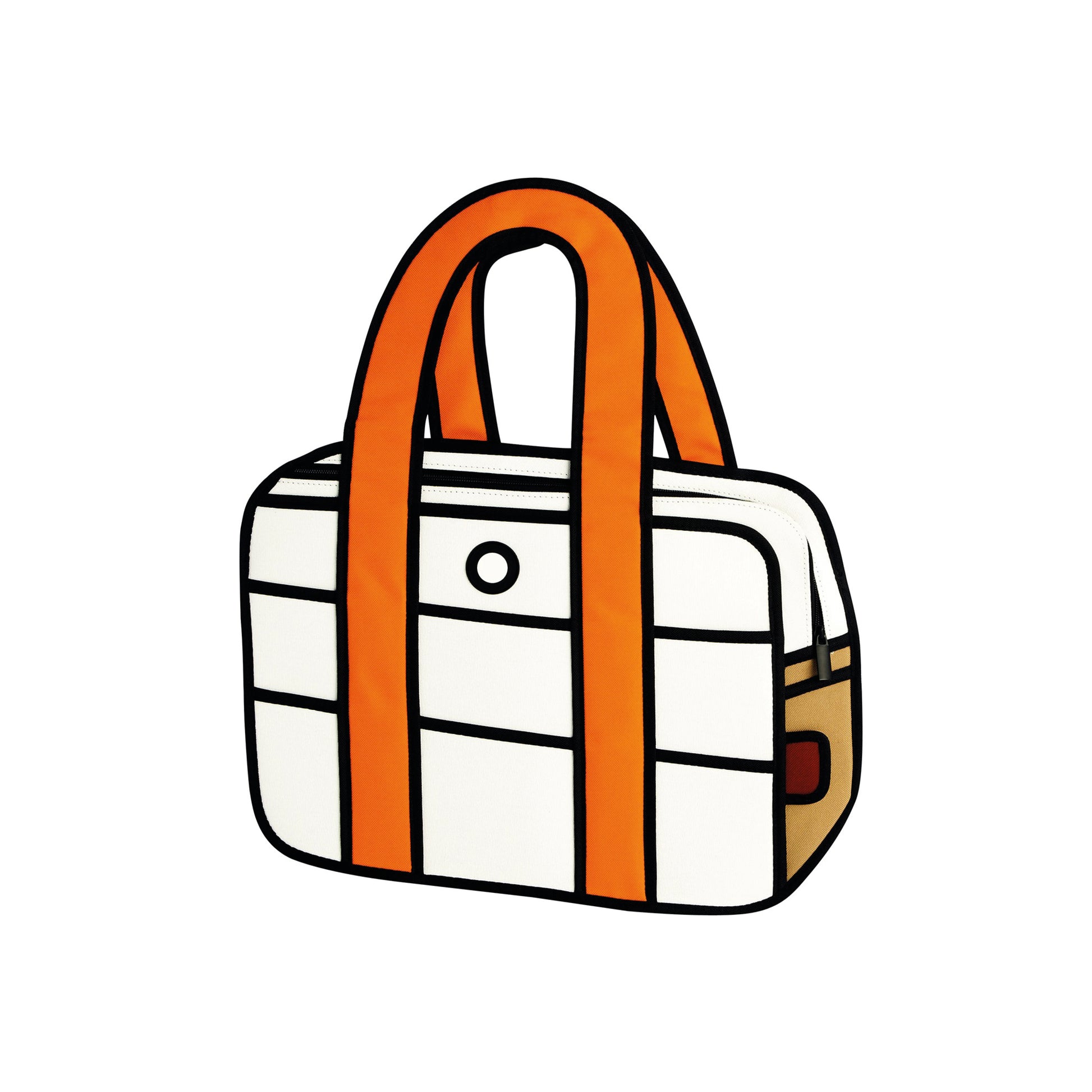 JumpFromPaper Hola White handbag with cartoon-inspired 2D illusion design white body and orange handles