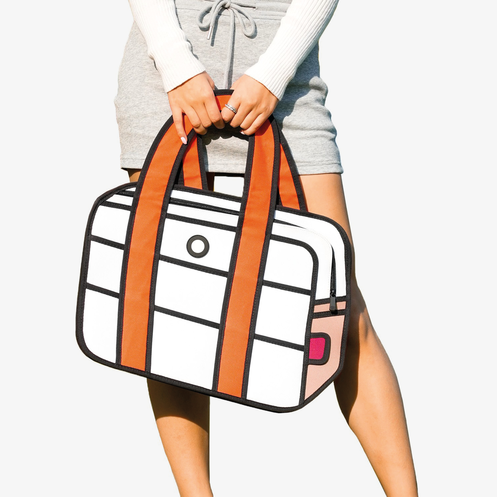 JumpFromPaper Hola White handbag with cartoon-inspired 2D illusion design white body and orange handles