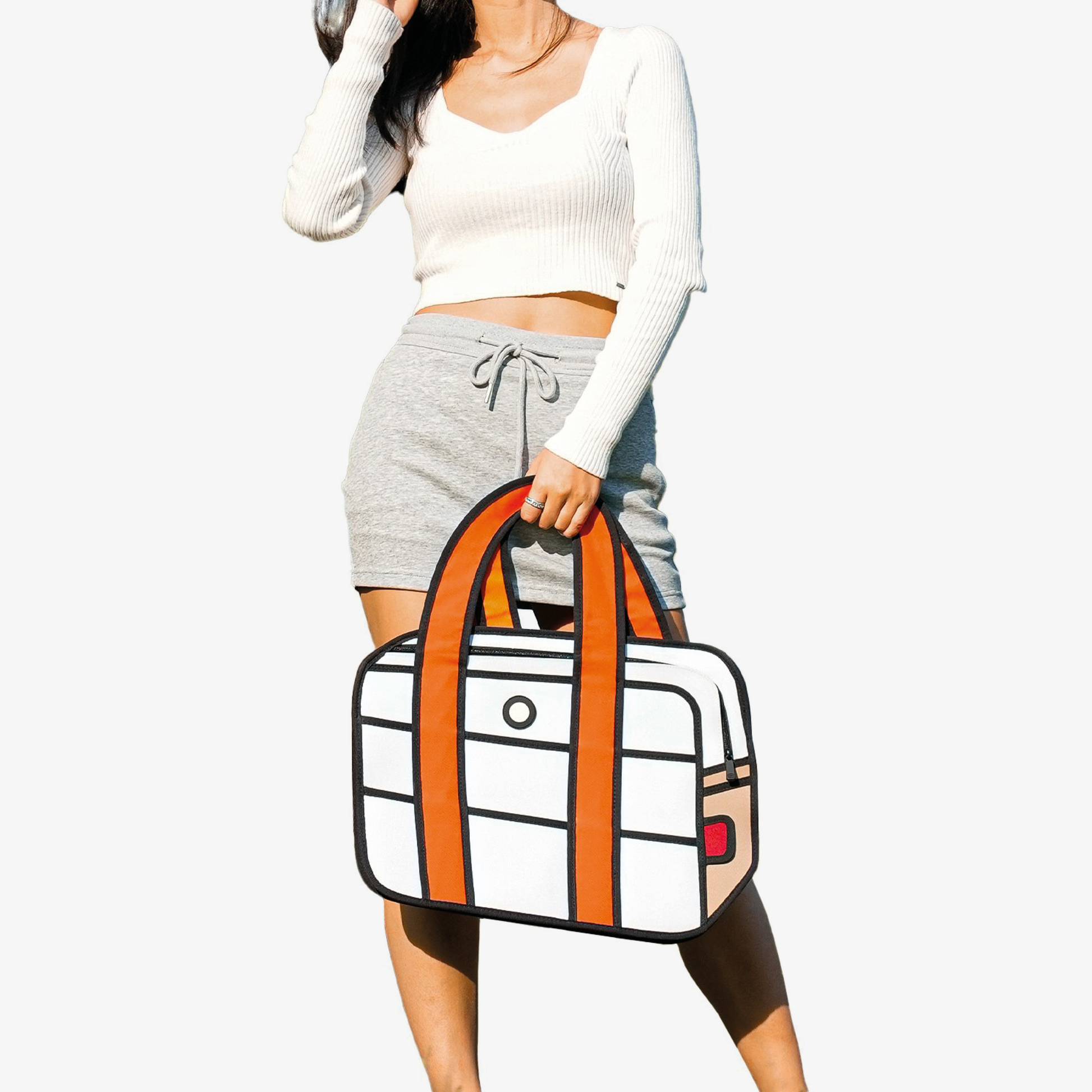 JumpFromPaper Hola White handbag with cartoon-inspired 2D illusion design white body and orange handles