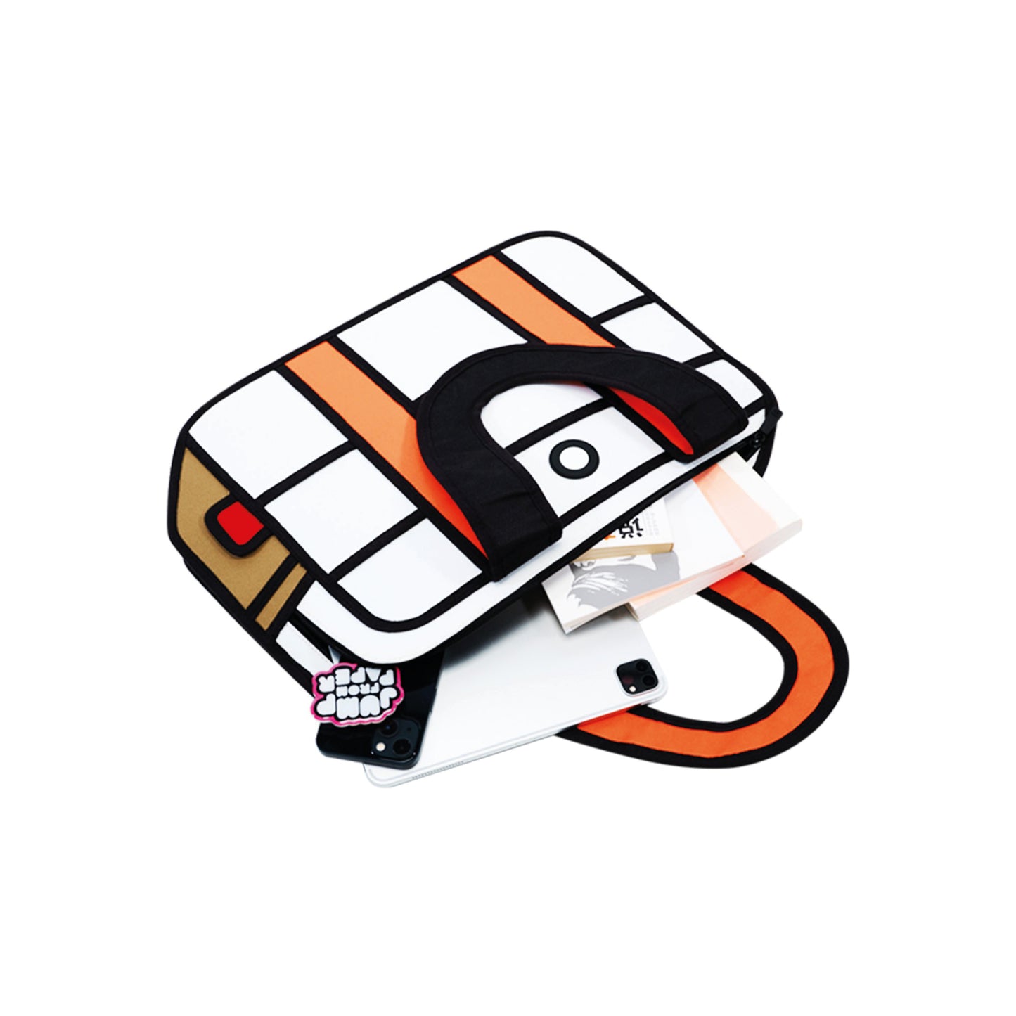 JumpFromPaper Hola White handbag with cartoon-inspired 2D illusion design white body and orange handles