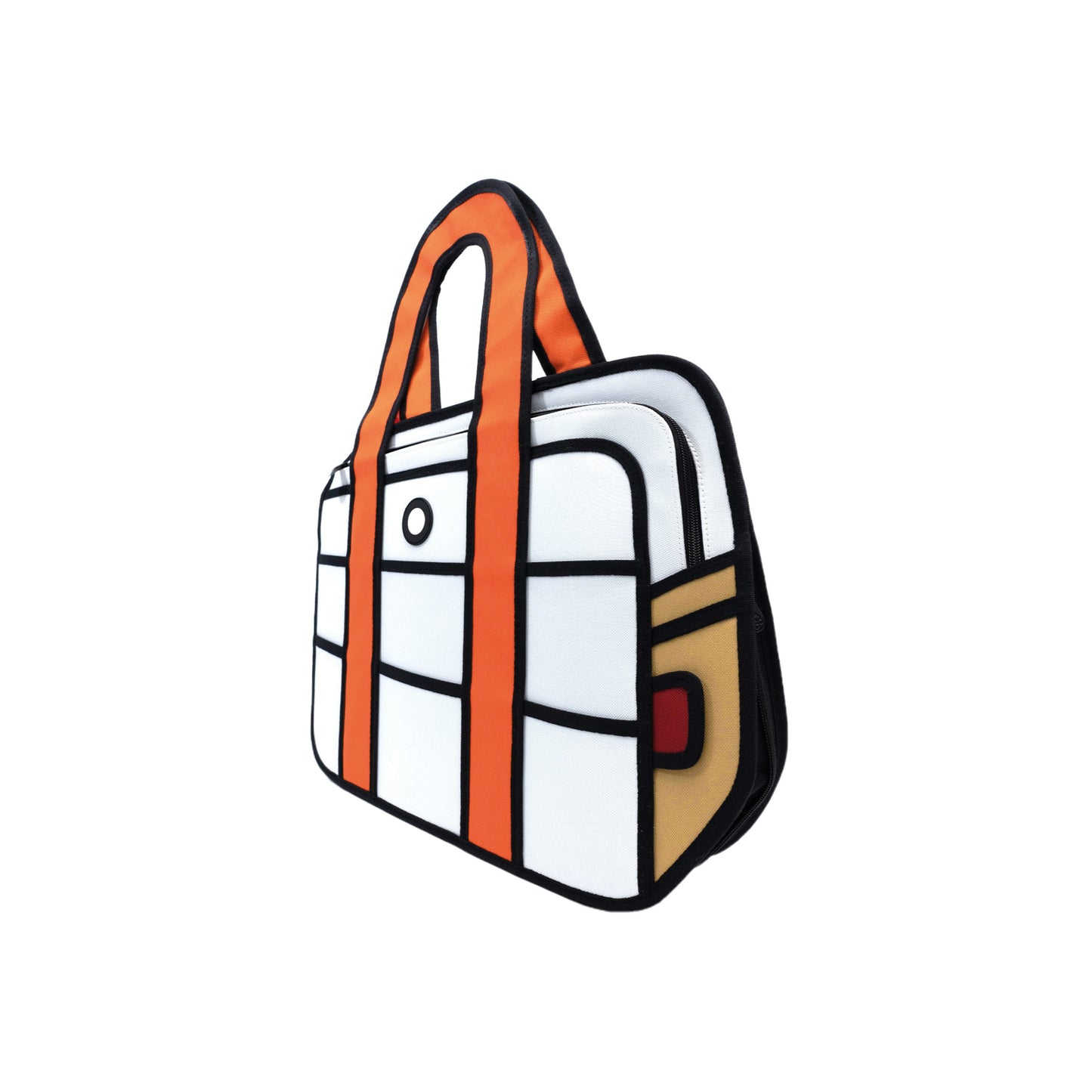 JumpFromPaper Hola White handbag with cartoon-inspired 2D illusion design white body and orange handles